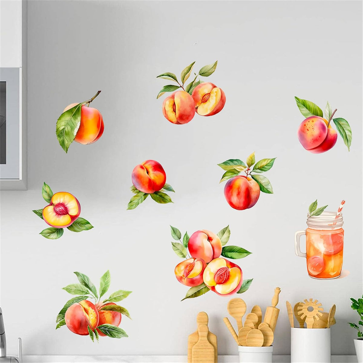 Pink and Tender Refreshing Peach Fruit Wall Decals Colorful Peach Wall Stickers Restaurant Kitchen Wall Decor Pegatinas para Pared