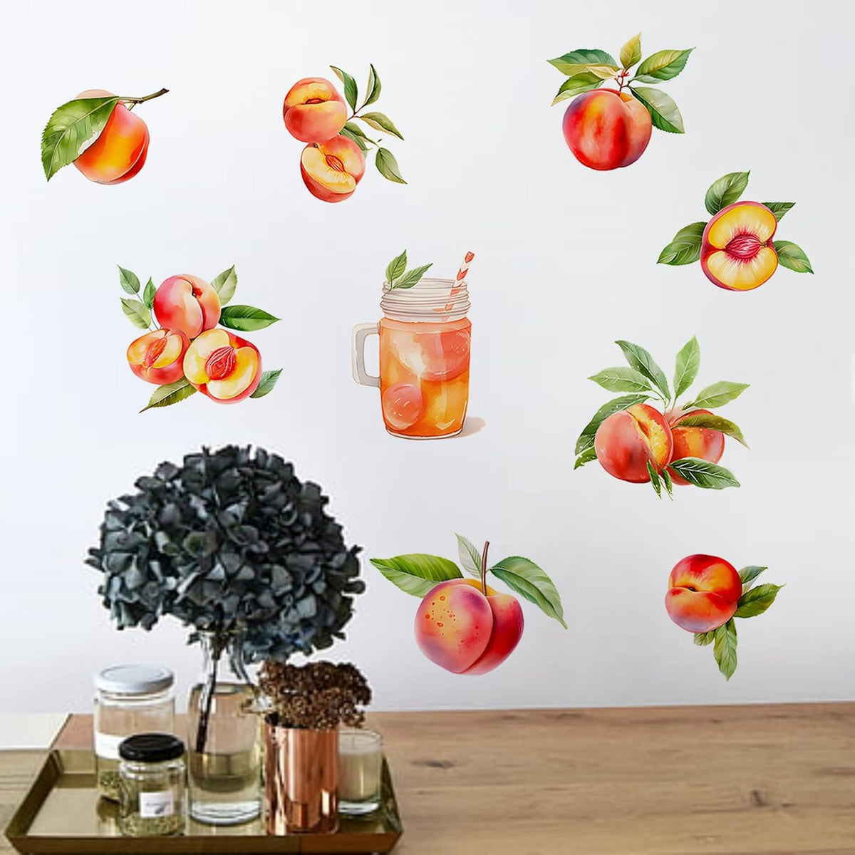 Pink and Tender Refreshing Peach Fruit Wall Decals Colorful Peach Wall Stickers Restaurant Kitchen Wall Decor Pegatinas para Pared