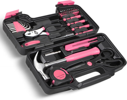 39-Piece Household Tool Set, Small Hand Tool Kit for Home, Garage, Office, and Dorm Repairs, Includes Hammer, Pliers, Screwdrivers, Hex Keys & Storage Case (Pink)