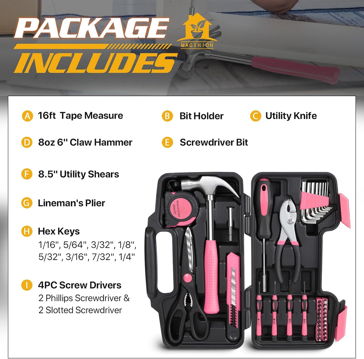 39-Piece Household Tool Set, Small Hand Tool Kit for Home, Garage, Office, and Dorm Repairs, Includes Hammer, Pliers, Screwdrivers, Hex Keys & Storage Case (Pink)