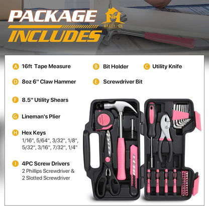 39-Piece Household Tool Set, Small Hand Tool Kit for Home, Garage, Office, and Dorm Repairs, Includes Hammer, Pliers, Screwdrivers, Hex Keys & Storage Case (Pink)