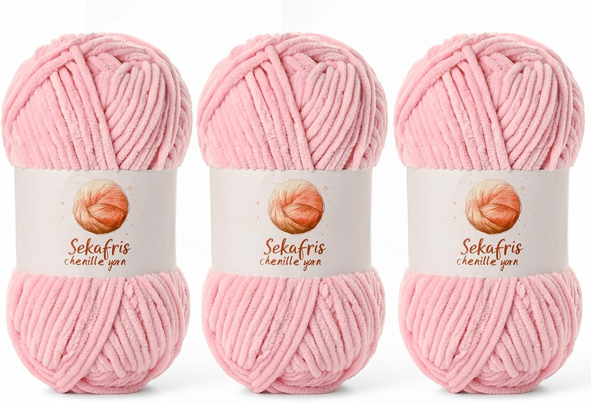 Chenille Yarn for Crocheting, Size 5 Bulky,3 Peach Pink