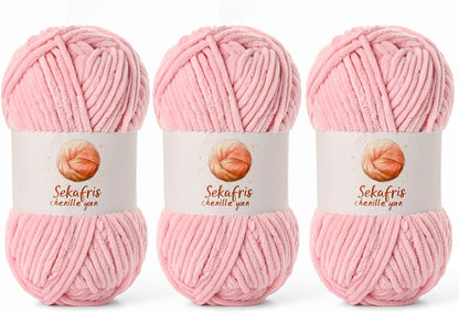 Chenille Yarn for Crocheting, Size 5 Bulky,3 Peach Pink