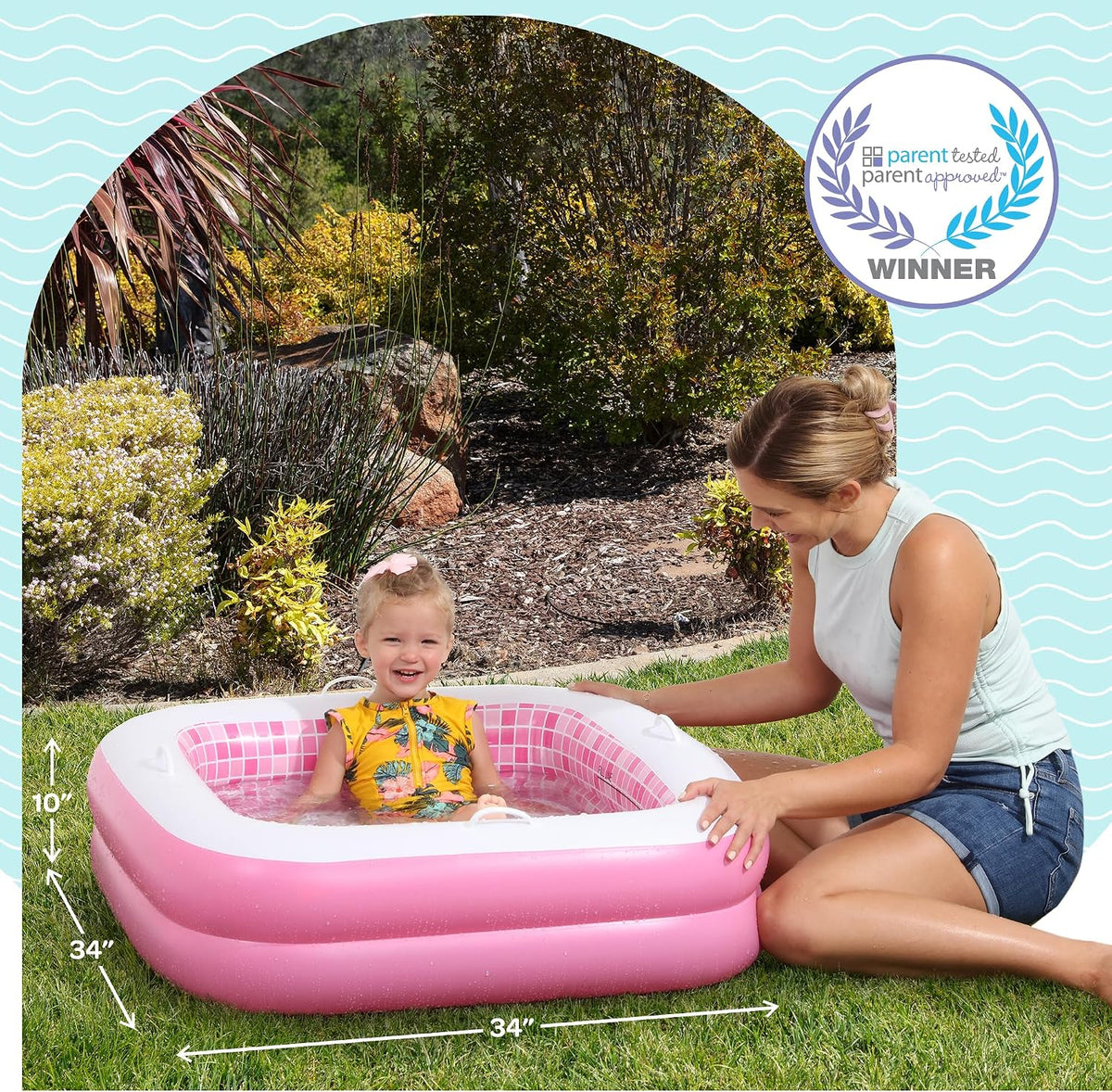3-in-1 Inflatable Baby Pool, Patented Safety Secure Grip Handles, Soft Floor & Drain - Summer Water Toys, First Birthday Gifts, Kiddie Pool for Ages 1-3, 34"x10"