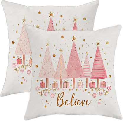 Christmas Trees Throw Pillow Covers Set of 2, Festive Fanciful Presents Stars Xmas Peach Soft Velvet Washable Square Pillow Cases for Home Living Room Bedroom Dorm Couch Decor 18x18 Inch