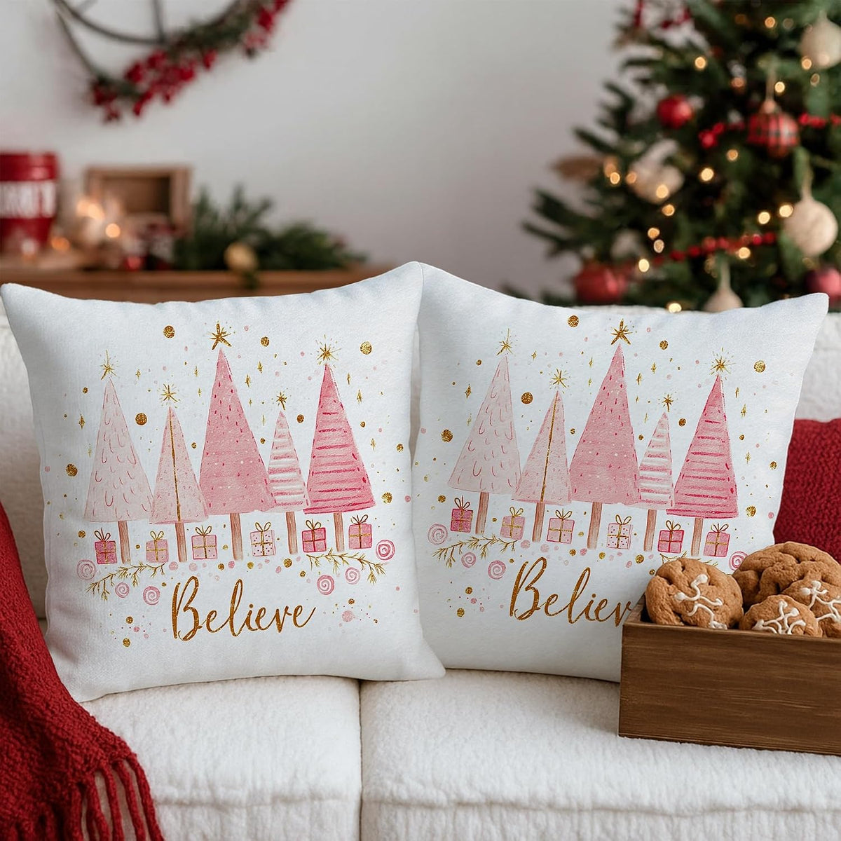 Christmas Trees Throw Pillow Covers Set of 2, Festive Fanciful Presents Stars Xmas Peach Soft Velvet Washable Square Pillow Cases for Home Living Room Bedroom Dorm Couch Decor 18x18 Inch