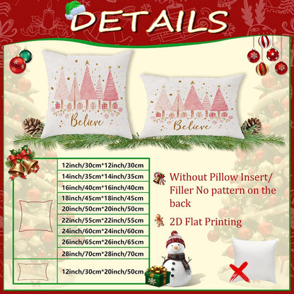 Christmas Trees Throw Pillow Covers Set of 2, Festive Fanciful Presents Stars Xmas Peach Soft Velvet Washable Square Pillow Cases for Home Living Room Bedroom Dorm Couch Decor 18x18 Inch
