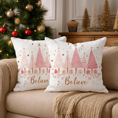 Christmas Trees Throw Pillow Covers Set of 2, Festive Fanciful Presents Stars Xmas Peach Soft Velvet Washable Square Pillow Cases for Home Living Room Bedroom Dorm Couch Decor 18x18 Inch