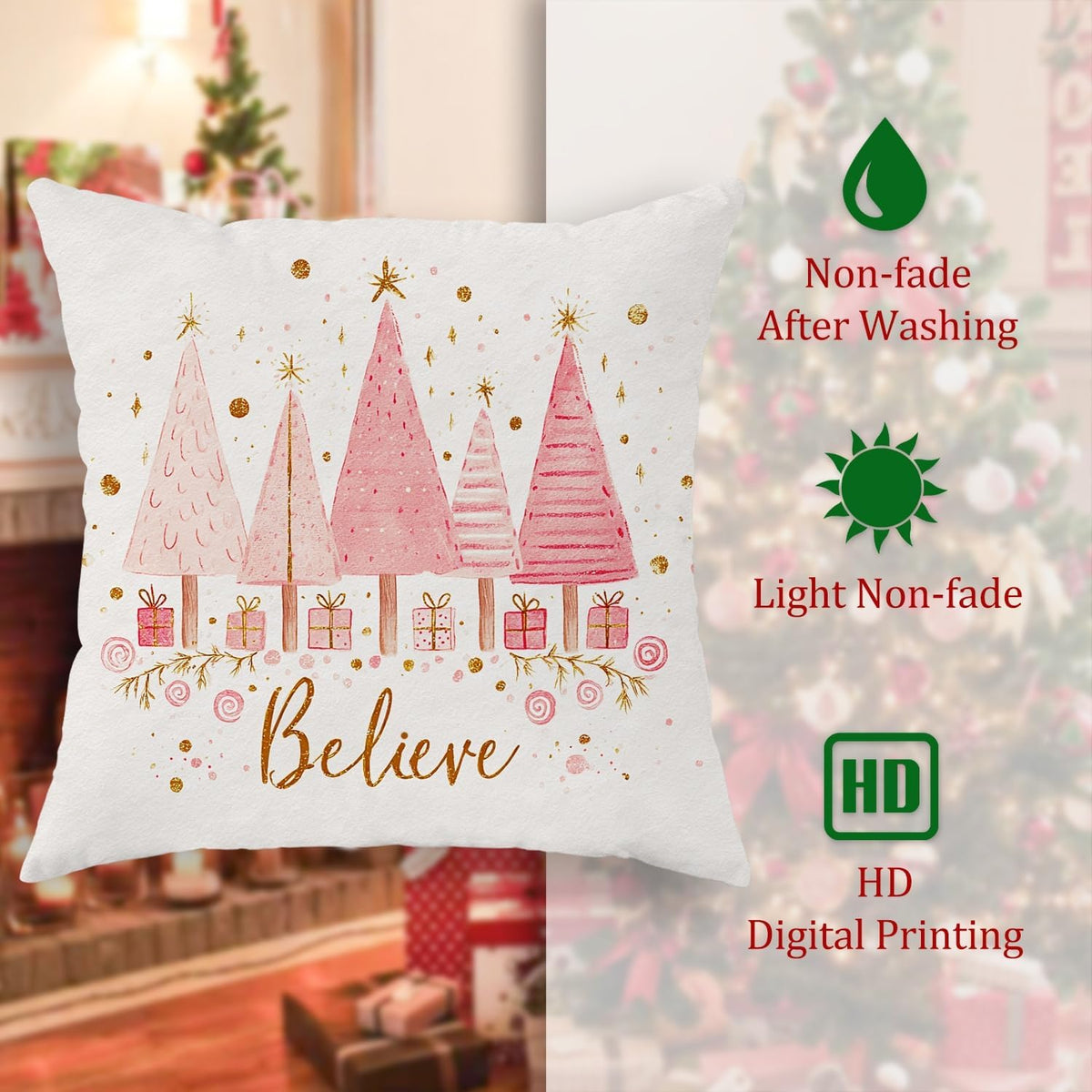 Christmas Trees Throw Pillow Covers Set of 2, Festive Fanciful Presents Stars Xmas Peach Soft Velvet Washable Square Pillow Cases for Home Living Room Bedroom Dorm Couch Decor 18x18 Inch