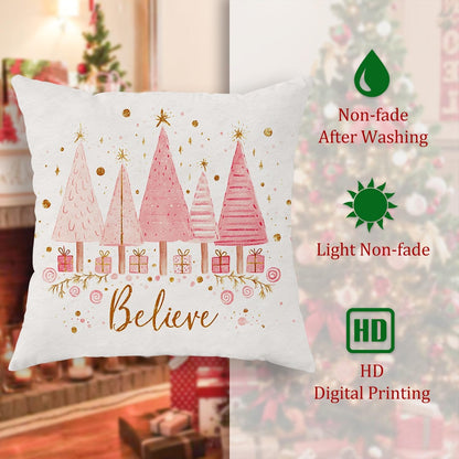 Christmas Trees Throw Pillow Covers Set of 2, Festive Fanciful Presents Stars Xmas Peach Soft Velvet Washable Square Pillow Cases for Home Living Room Bedroom Dorm Couch Decor 18x18 Inch