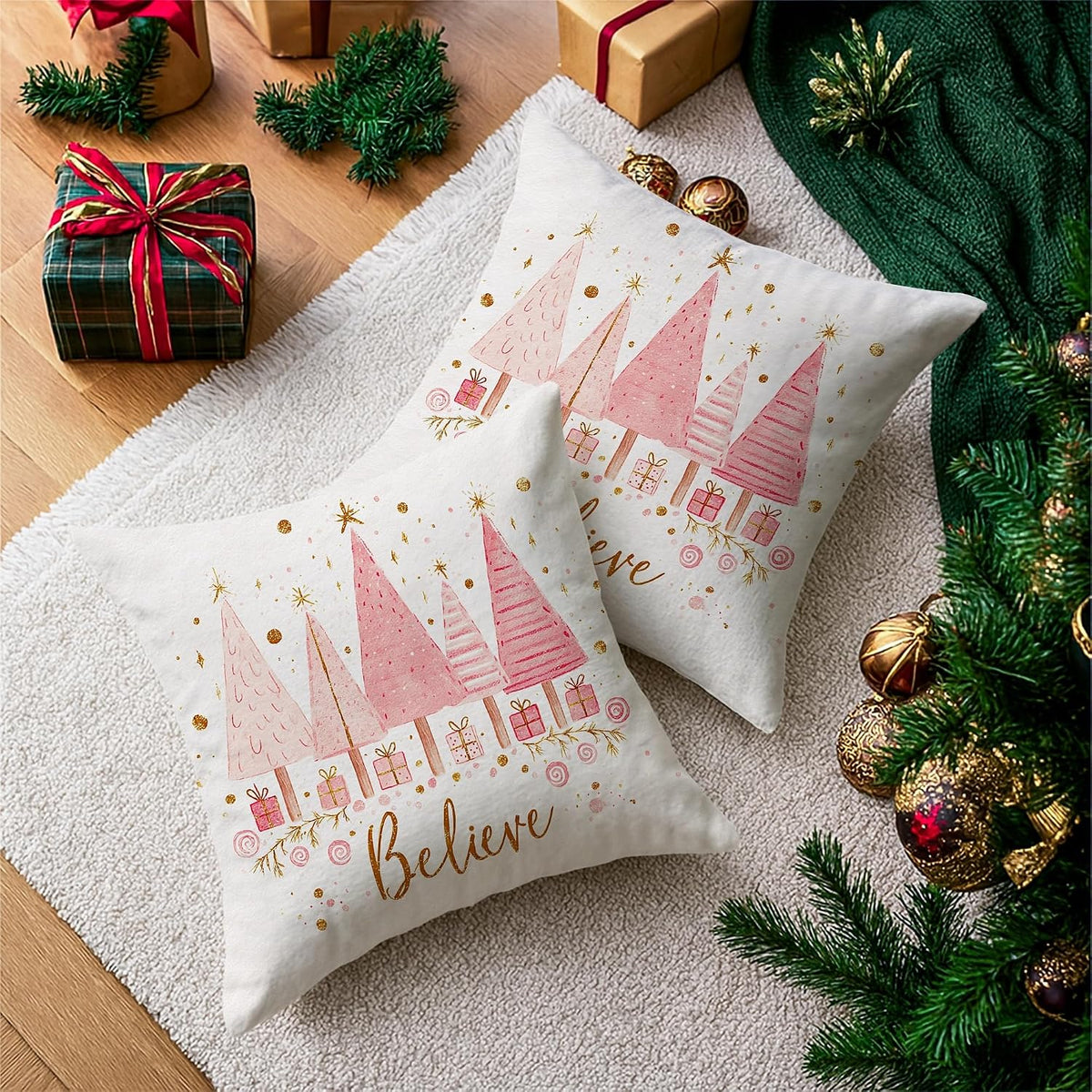 Christmas Trees Throw Pillow Covers Set of 2, Festive Fanciful Presents Stars Xmas Peach Soft Velvet Washable Square Pillow Cases for Home Living Room Bedroom Dorm Couch Decor 18x18 Inch