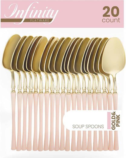 20 Count Gold and Pink Plastic Soup Spoons Premium Quality Heavy Duty Disposable Elegant Silverware Two Tone Soup Spoons for Party