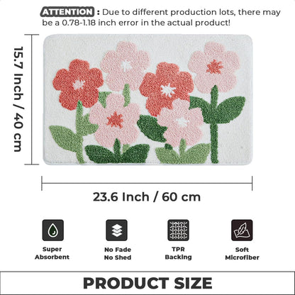 Plants Bathroom Mat Cute Absorbent Bath Rug Non Slip and Machine Washable Bath Shaggy Carpet for Kitchen, Bedroom and Living Room (Pink Flowers, 23"x16")