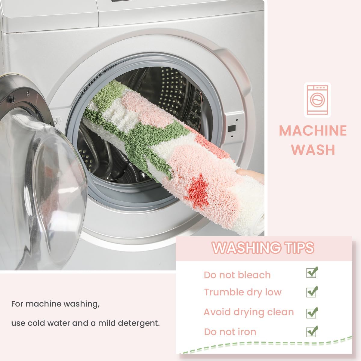 Plants Bathroom Mat Cute Absorbent Bath Rug Non Slip and Machine Washable Bath Shaggy Carpet for Kitchen, Bedroom and Living Room (Pink Flowers, 23"x16")