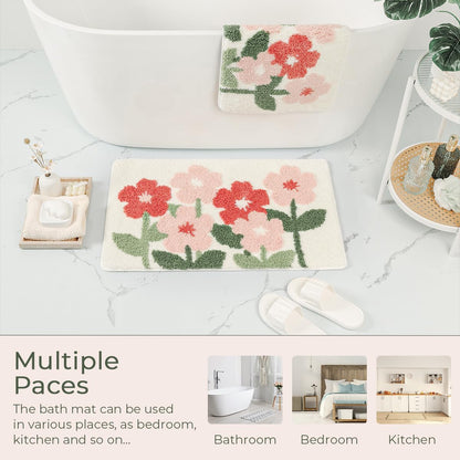 Plants Bathroom Mat Cute Absorbent Bath Rug Non Slip and Machine Washable Bath Shaggy Carpet for Kitchen, Bedroom and Living Room (Pink Flowers, 23"x16")