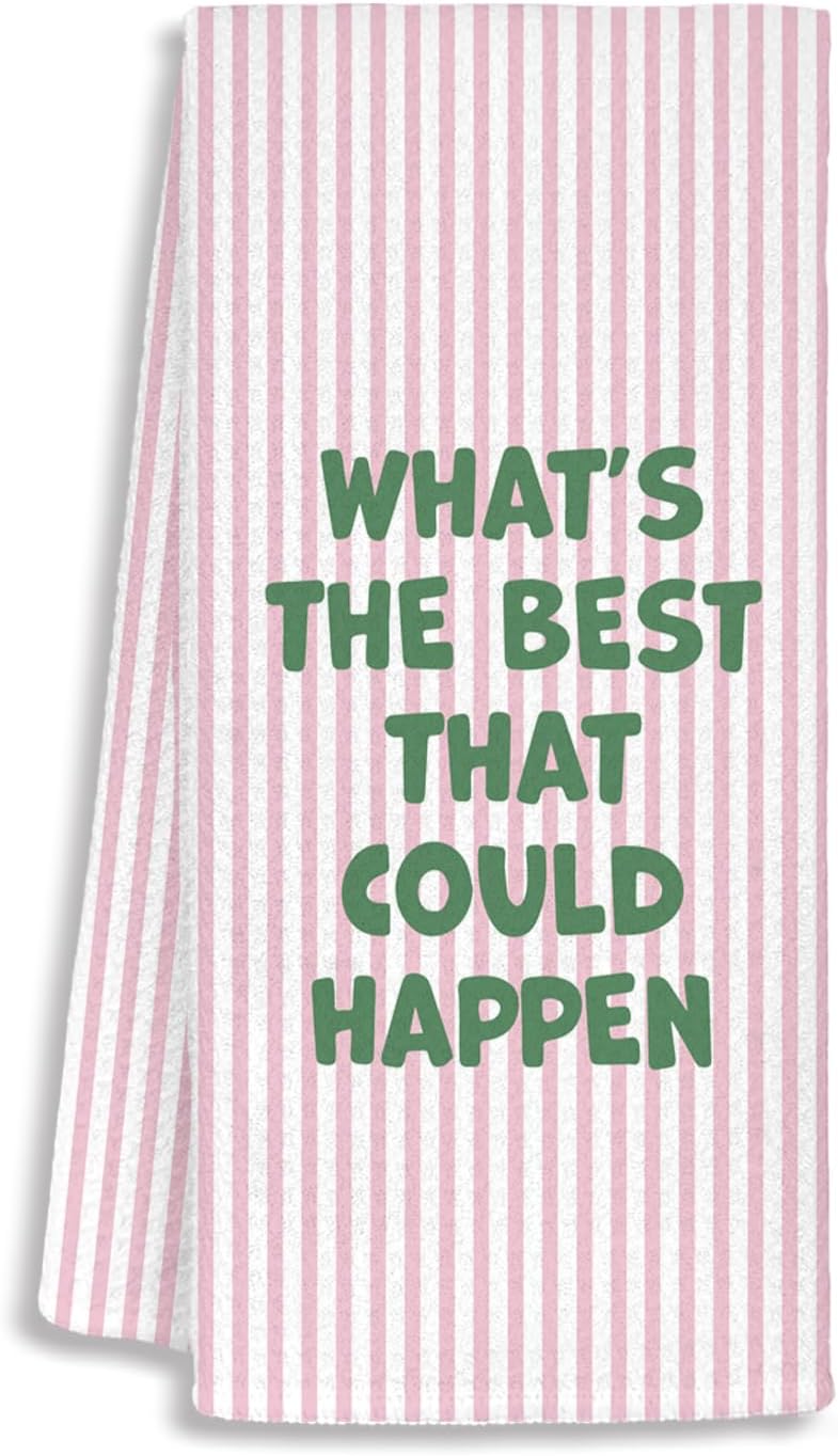 Pink Motivational Kitchen Towels, Inspirational Gifts for Women Dish Tea Towels, What's The Best That Could Happen Pink Striped Decorative Hand Towels for Bathroom Decor, 16x24 Inch