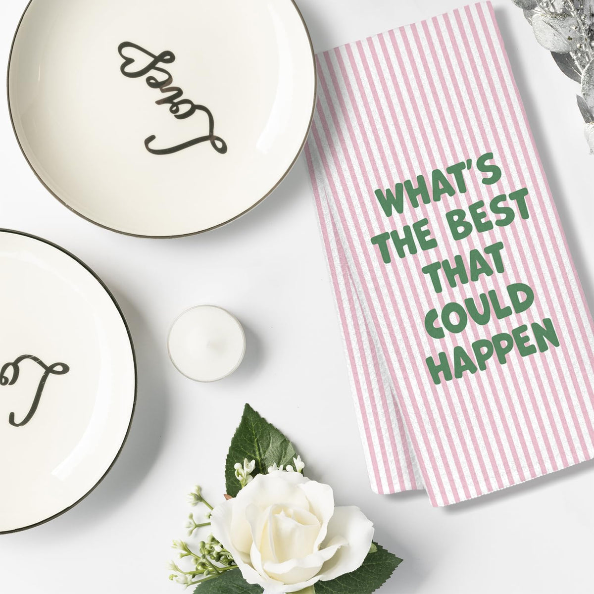Pink Motivational Kitchen Towels, Inspirational Gifts for Women Dish Tea Towels, What's The Best That Could Happen Pink Striped Decorative Hand Towels for Bathroom Decor, 16x24 Inch