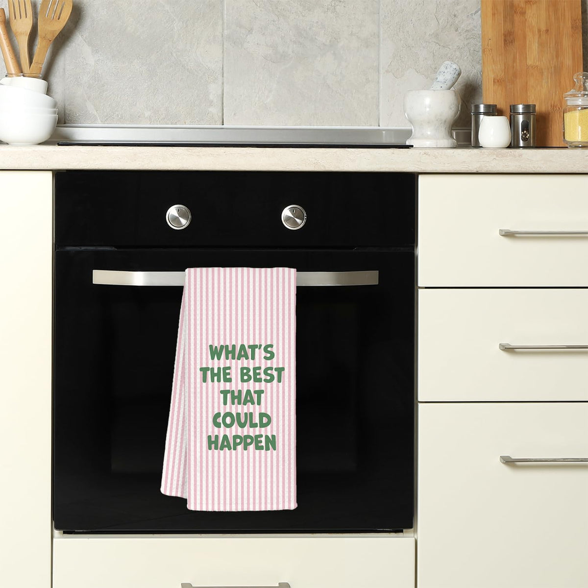 Pink Motivational Kitchen Towels, Inspirational Gifts for Women Dish Tea Towels, What's The Best That Could Happen Pink Striped Decorative Hand Towels for Bathroom Decor, 16x24 Inch