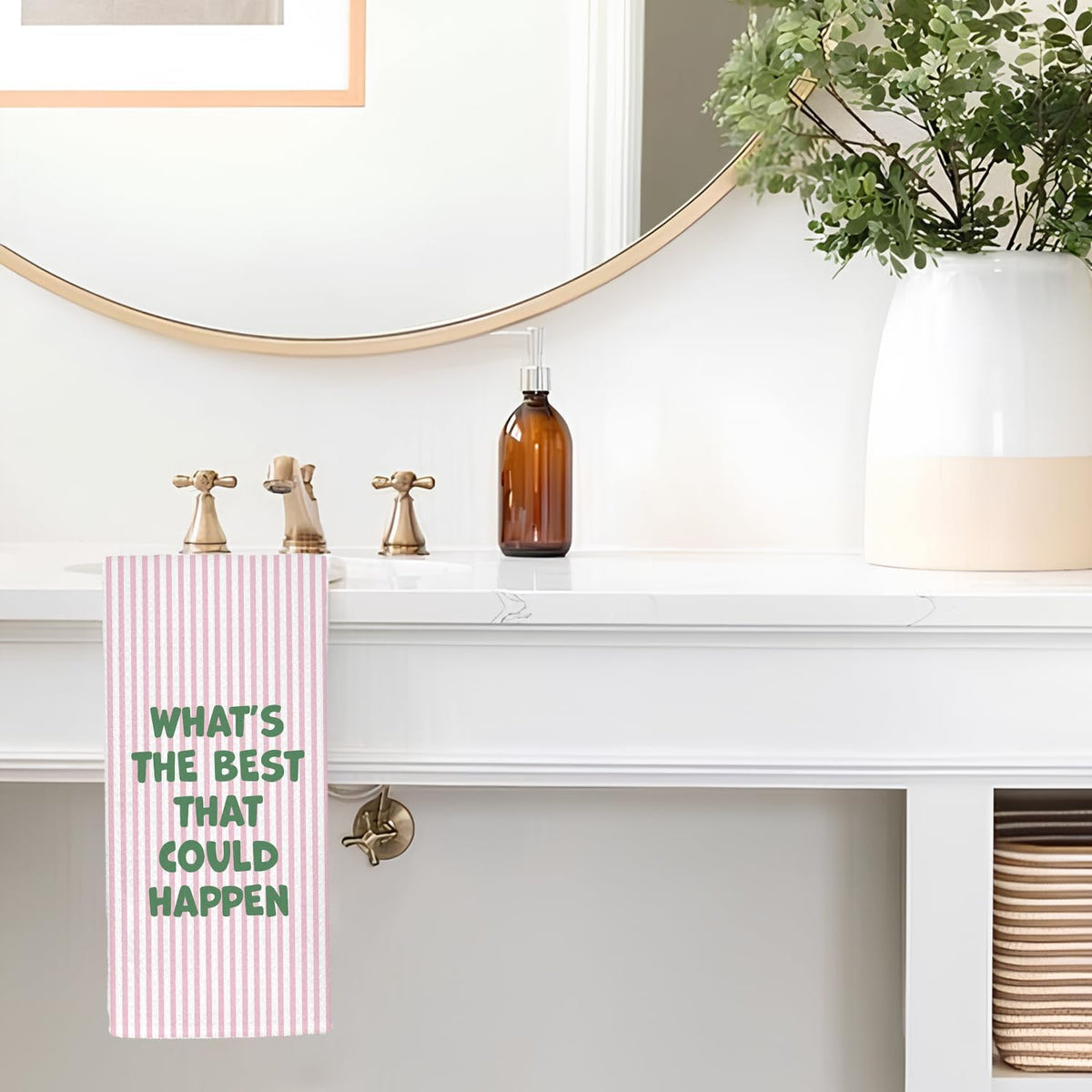 Pink Motivational Kitchen Towels, Inspirational Gifts for Women Dish Tea Towels, What's The Best That Could Happen Pink Striped Decorative Hand Towels for Bathroom Decor, 16x24 Inch