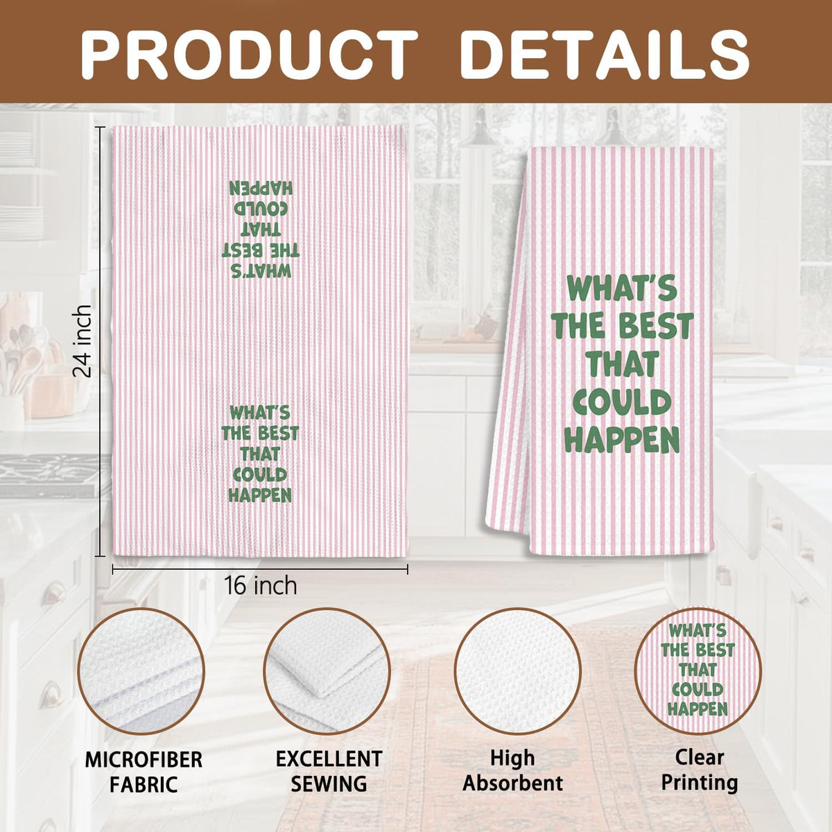 Pink Motivational Kitchen Towels, Inspirational Gifts for Women Dish Tea Towels, What's The Best That Could Happen Pink Striped Decorative Hand Towels for Bathroom Decor, 16x24 Inch