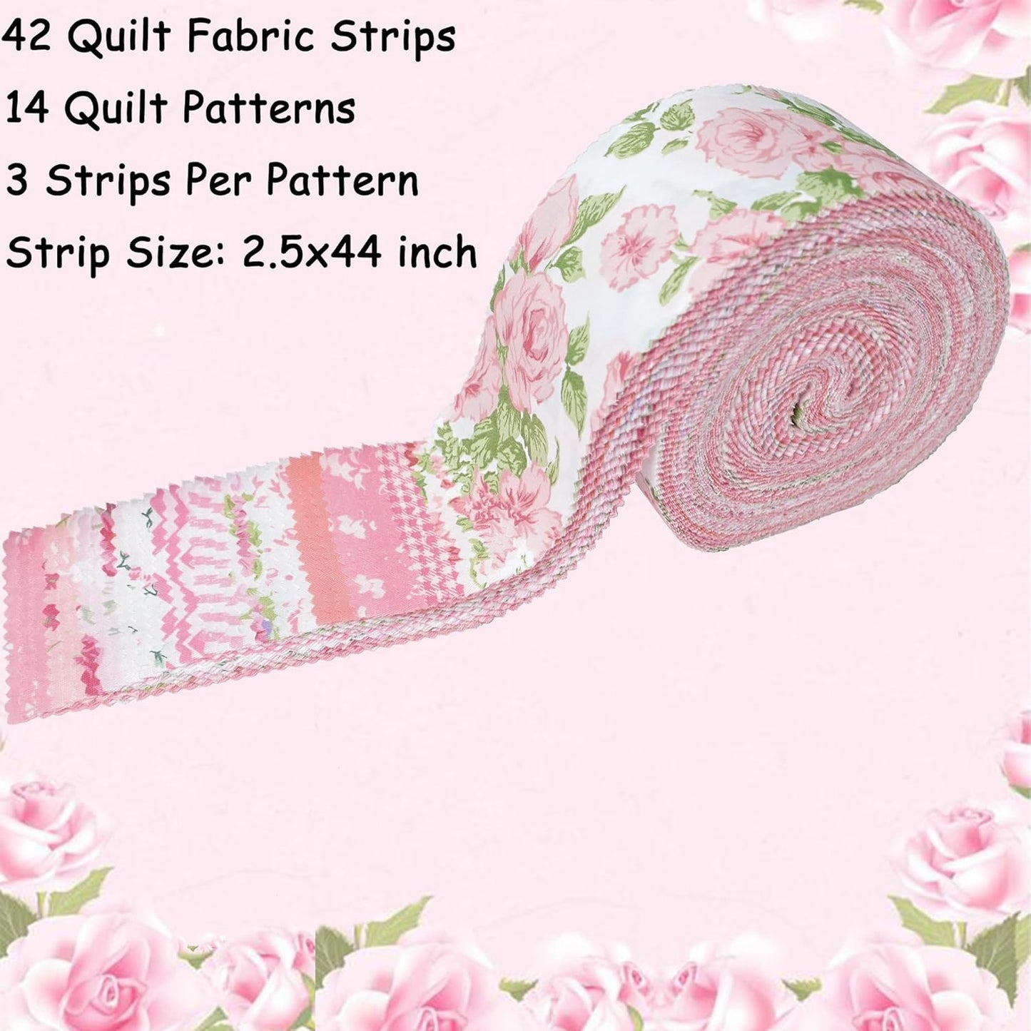 Jelly Roll Fabric Strips for Quilting, Crafting, and Sewing, 42 Strip Assorted Bundle, Soft Cotton for Blanket, Rug, Upholstery, Home Decor, and Purse Making, Pink