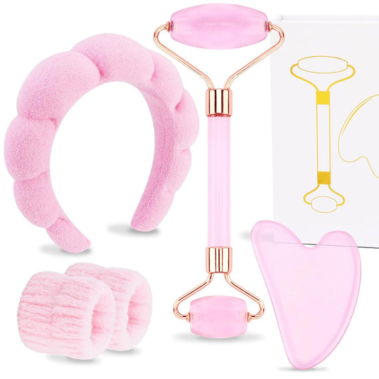 Spa Headband and Wristbands for Women Skincare Headband for Washing Face Gua Sha & Jade Roller Facial Tools Pink Makeup Fash Wash Hairband Teen Girl Gifts Trendy Stuff