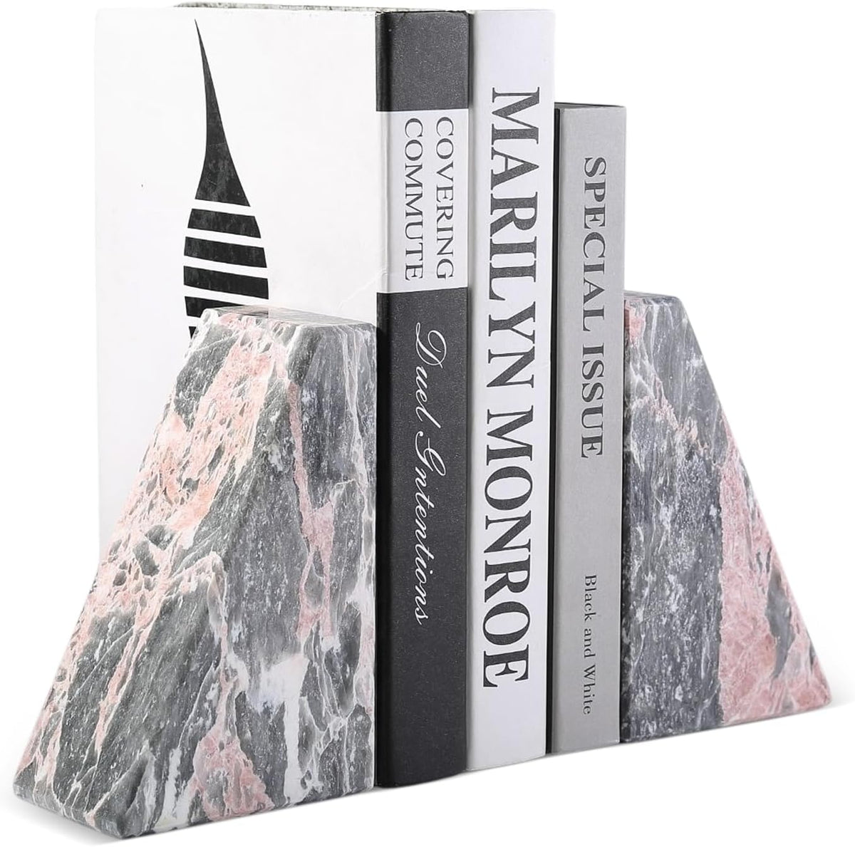 Marble Bookends for Shelves, Large Bookends for Heavy Books, Natural Stone Book Stopper for Books CD Movies, Aesthetic Decorative Book Ends (Grey&Pink)