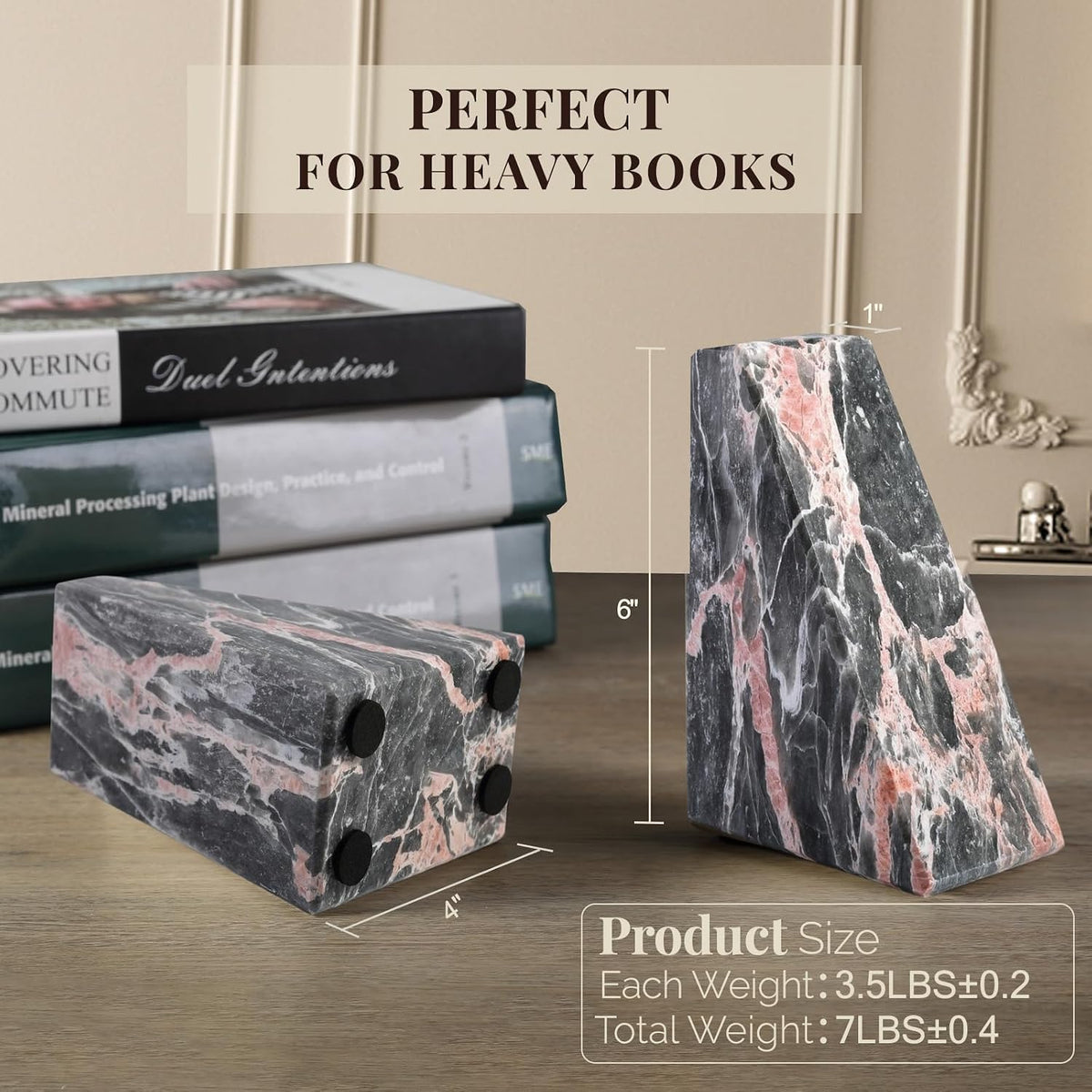 Marble Bookends for Shelves, Large Bookends for Heavy Books, Natural Stone Book Stopper for Books CD Movies, Aesthetic Decorative Book Ends (Grey&Pink)
