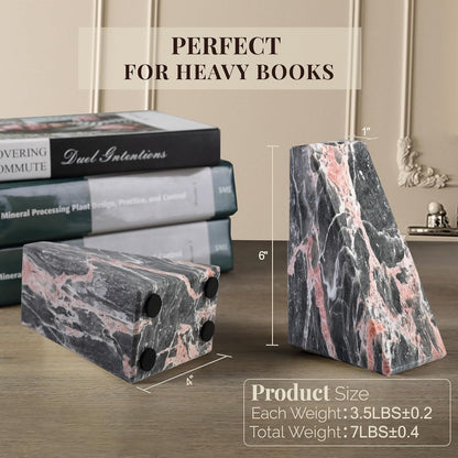 Marble Bookends for Shelves, Large Bookends for Heavy Books, Natural Stone Book Stopper for Books CD Movies, Aesthetic Decorative Book Ends (Grey&Pink)