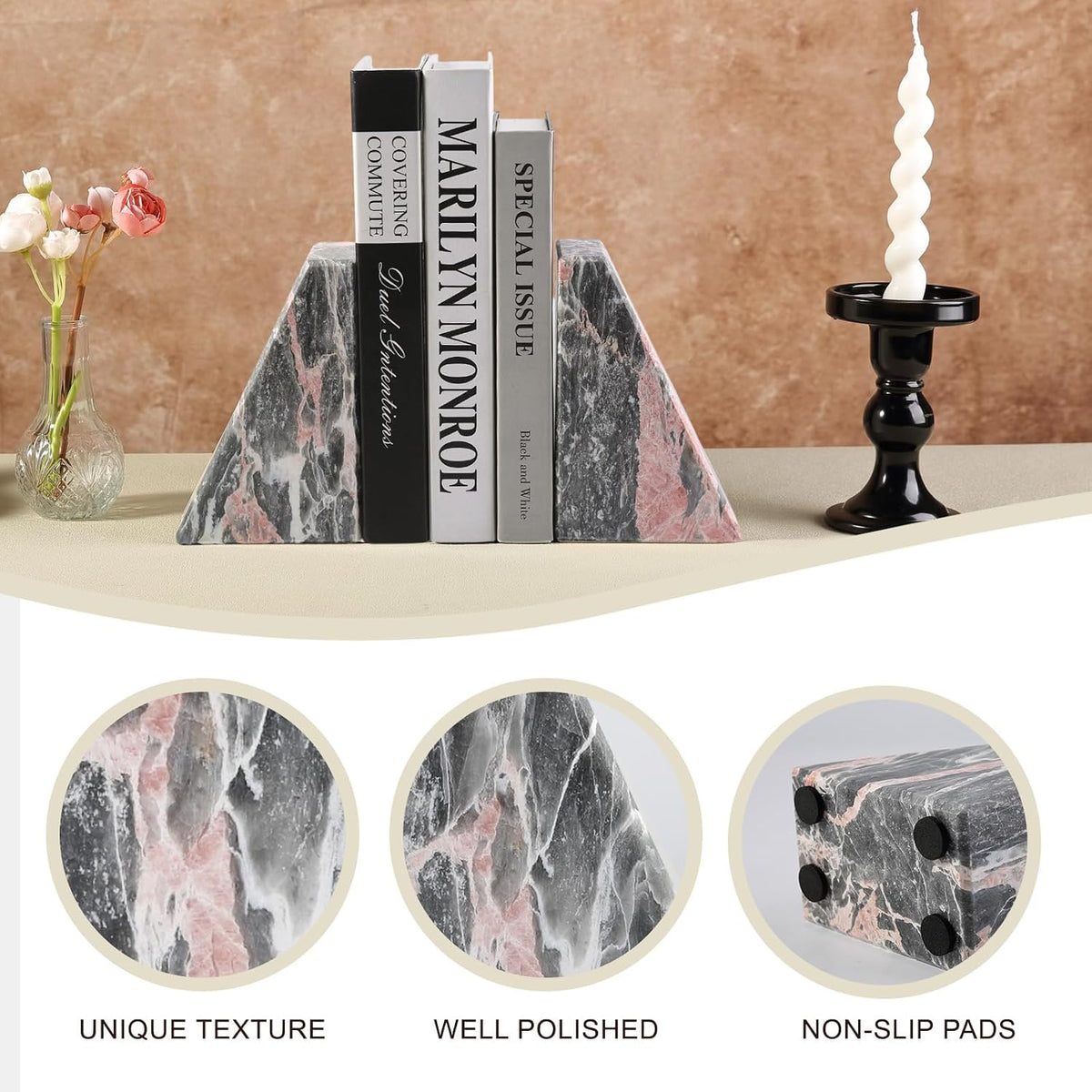 Marble Bookends for Shelves, Large Bookends for Heavy Books, Natural Stone Book Stopper for Books CD Movies, Aesthetic Decorative Book Ends (Grey&Pink)