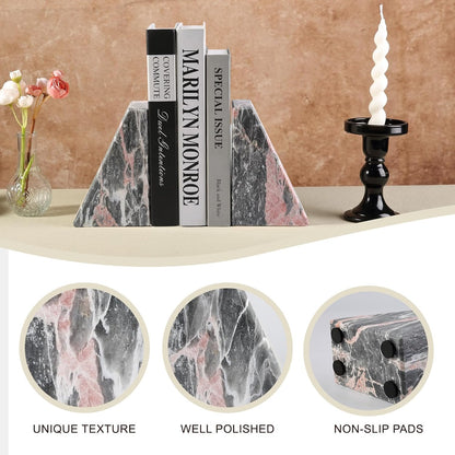 Marble Bookends for Shelves, Large Bookends for Heavy Books, Natural Stone Book Stopper for Books CD Movies, Aesthetic Decorative Book Ends (Grey&Pink)