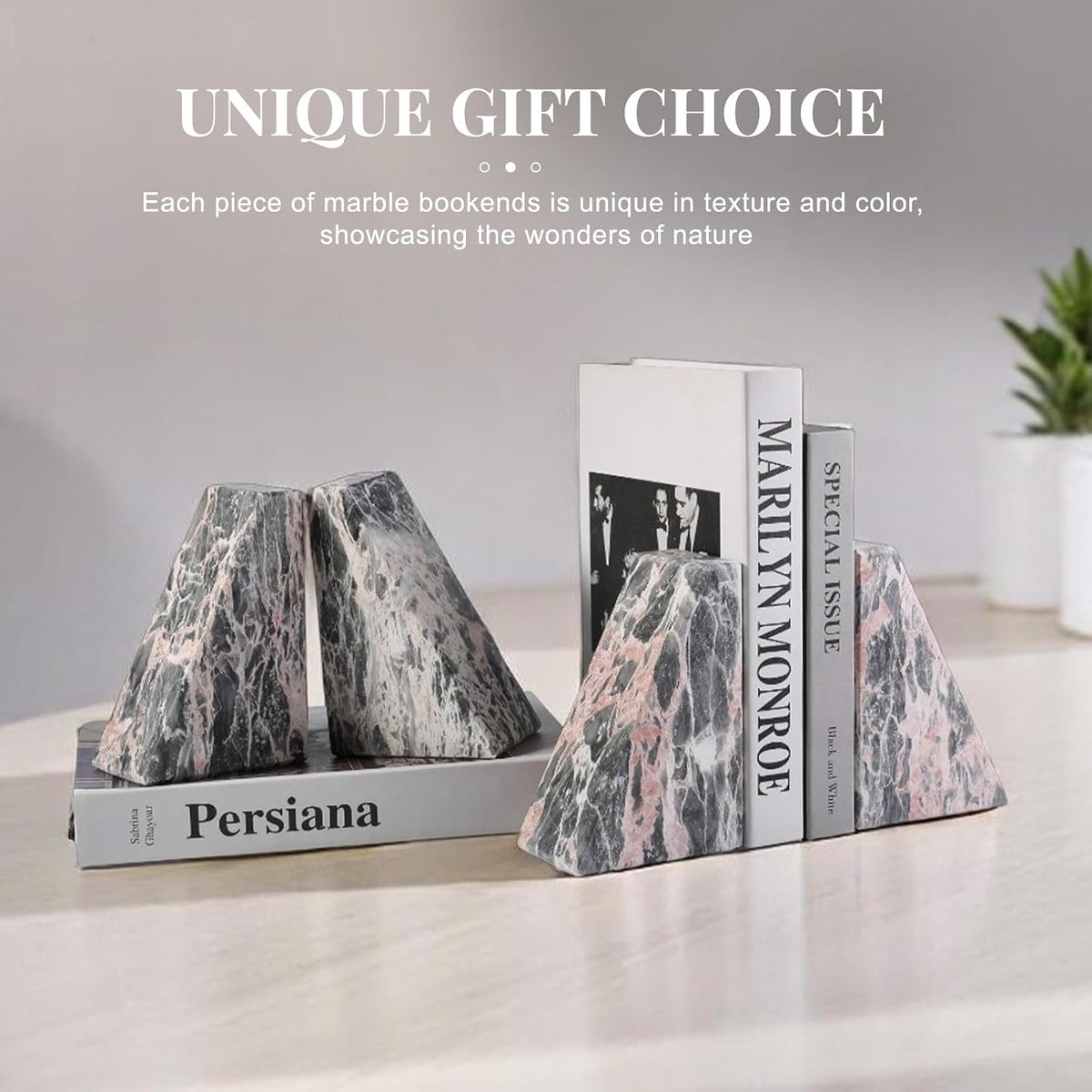 Marble Bookends for Shelves, Large Bookends for Heavy Books, Natural Stone Book Stopper for Books CD Movies, Aesthetic Decorative Book Ends (Grey&Pink)