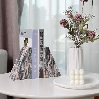 Marble Bookends for Shelves, Large Bookends for Heavy Books, Natural Stone Book Stopper for Books CD Movies, Aesthetic Decorative Book Ends (Grey&Pink)