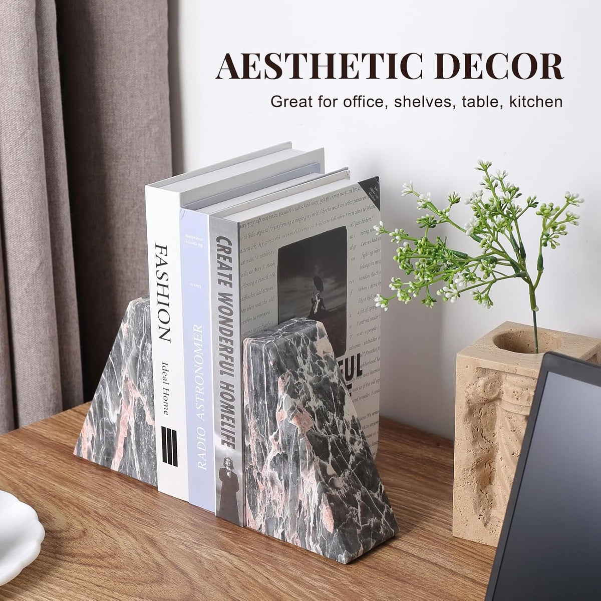 Marble Bookends for Shelves, Large Bookends for Heavy Books, Natural Stone Book Stopper for Books CD Movies, Aesthetic Decorative Book Ends (Grey&Pink)