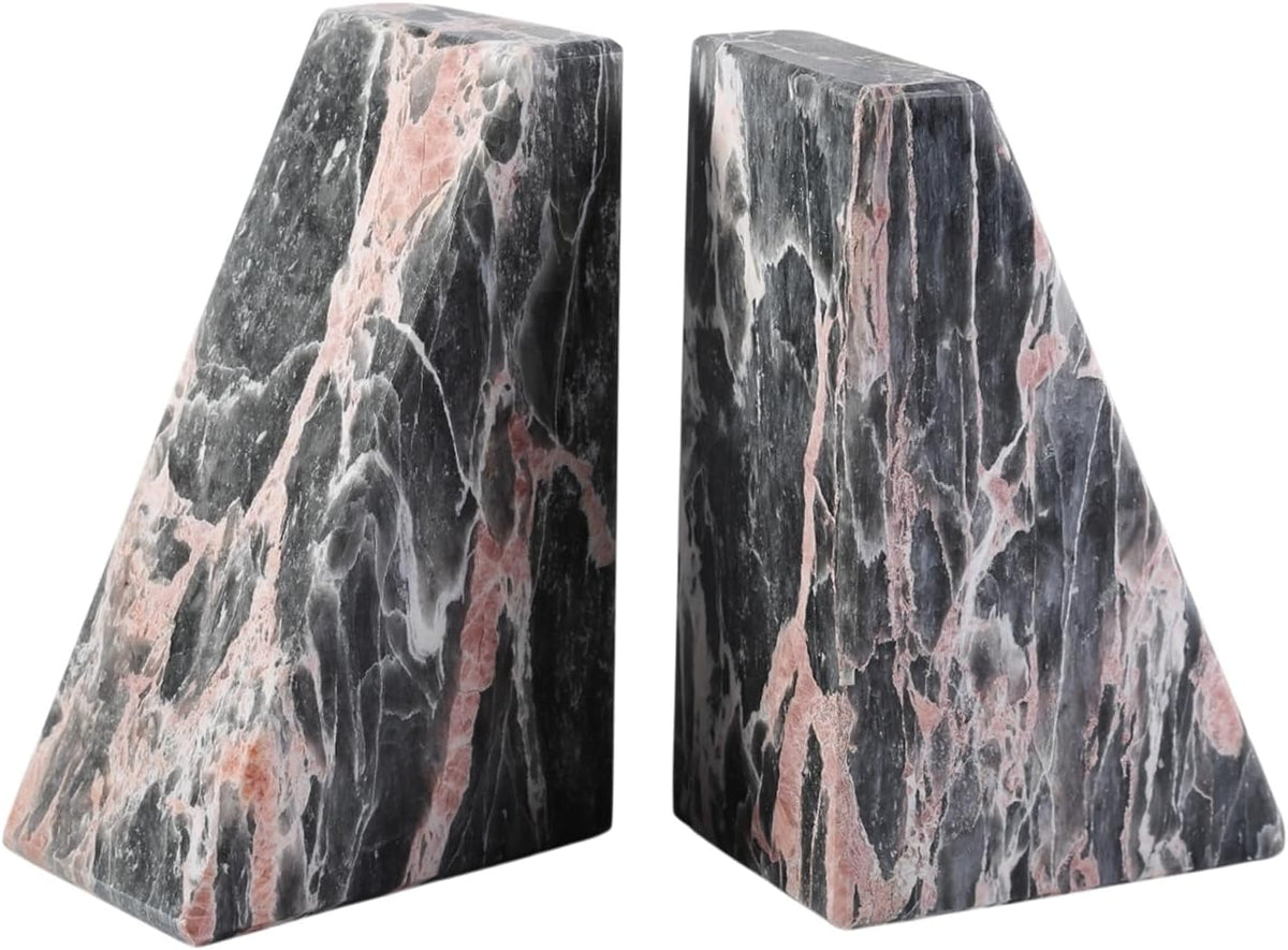 Marble Bookends for Shelves, Large Bookends for Heavy Books, Natural Stone Book Stopper for Books CD Movies, Aesthetic Decorative Book Ends (Grey&Pink)