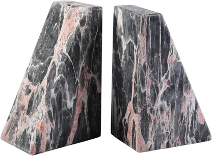Marble Bookends for Shelves, Large Bookends for Heavy Books, Natural Stone Book Stopper for Books CD Movies, Aesthetic Decorative Book Ends (Grey&Pink)