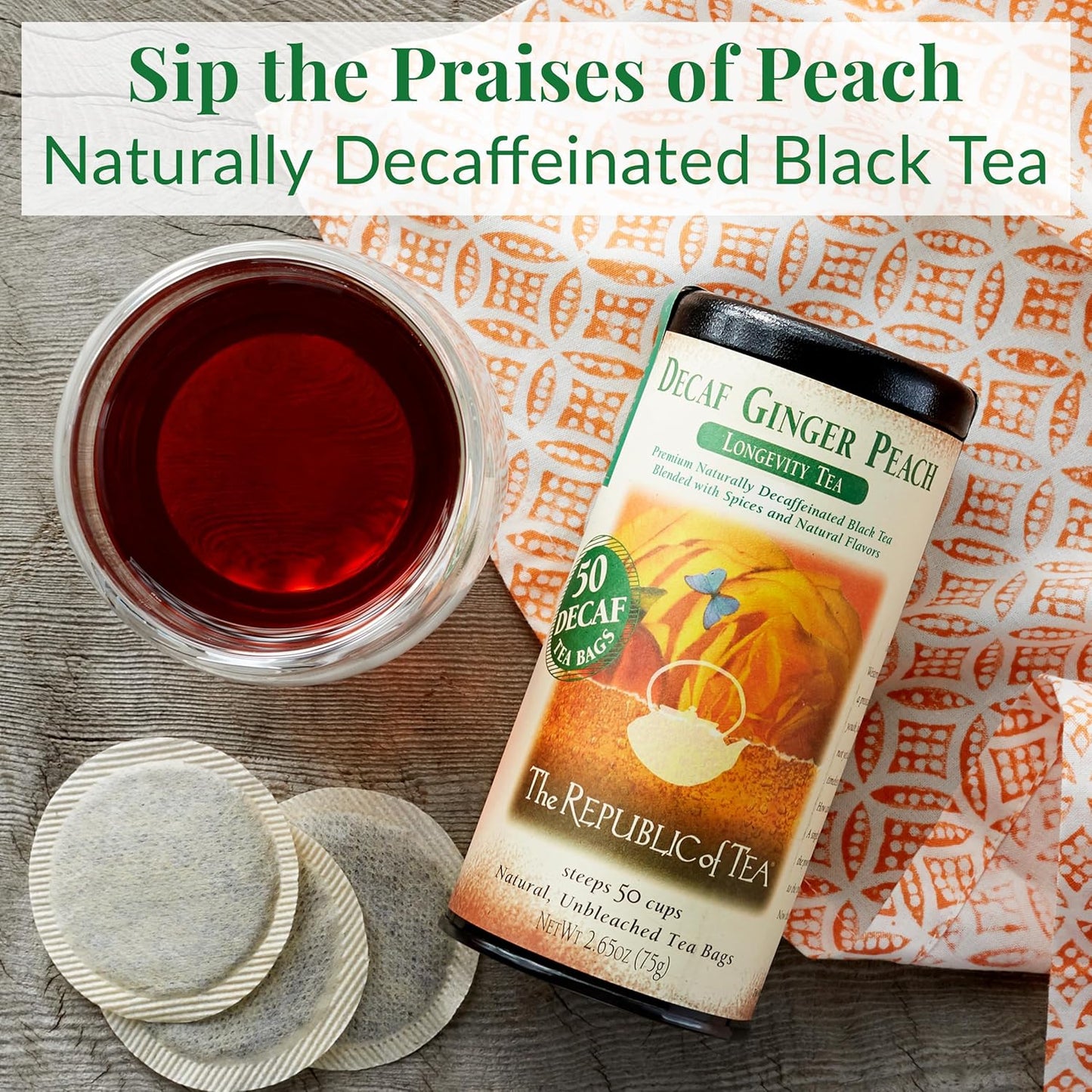 Decaf Ginger Peach Black Tea, Tin of 50 Bags