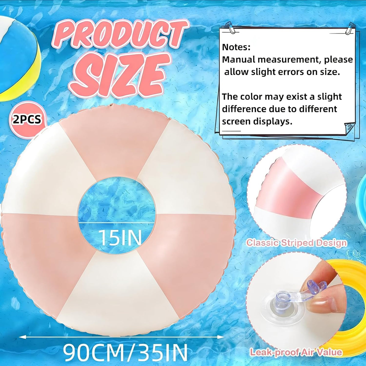 4 Pack Striped Large Inflatable Swim Rings, 35" Summer Adult Pool Float for Beach & Pool
