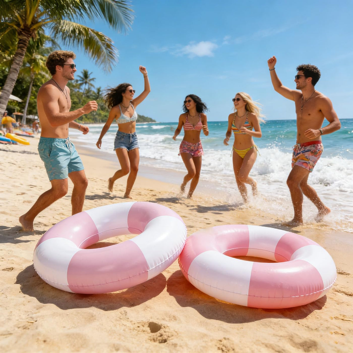 4 Pack Striped Large Inflatable Swim Rings, 35" Summer Adult Pool Float for Beach & Pool