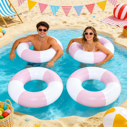 4 Pack Striped Large Inflatable Swim Rings, 35" Summer Adult Pool Float for Beach & Pool
