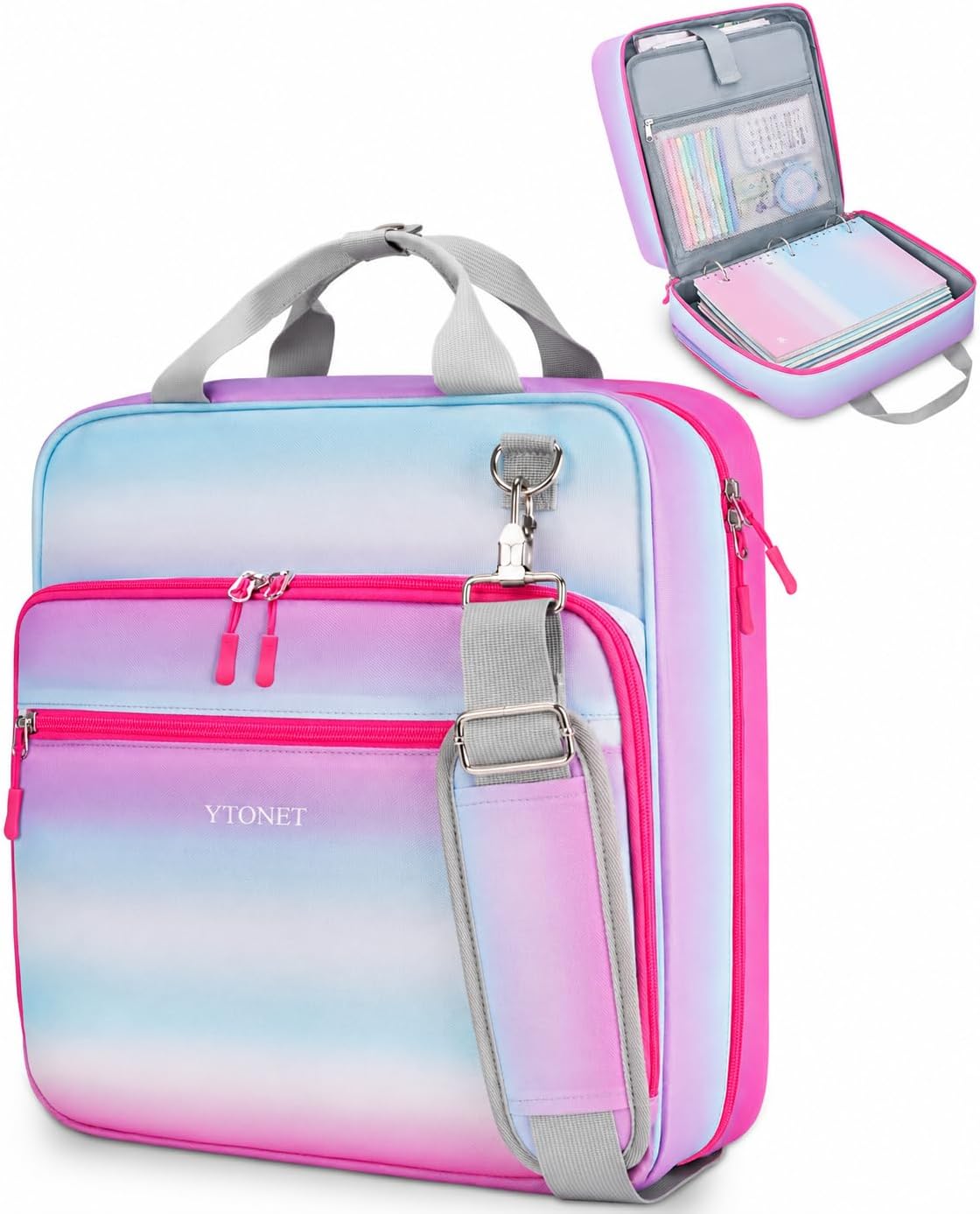 Zipper Binder 3 Ring, 3 Inch Binder with Zipper Fit 15.6 in Laptop, 600 Page Extra Large Multi-Pocket School Binders Organizer with Shoulder Strap Handle for Girls Kids Women Student, Blue Pink
