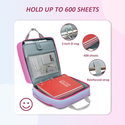Zipper Binder 3 Ring, 3 Inch Binder with Zipper Fit 15.6 in Laptop, 600 Page Extra Large Multi-Pocket School Binders Organizer with Shoulder Strap Handle for Girls Kids Women Student, Blue Pink