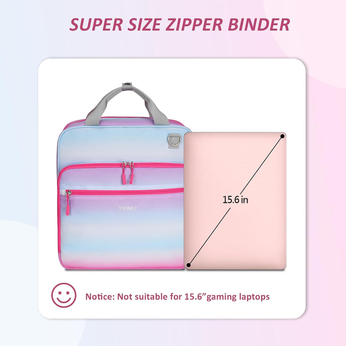 Zipper Binder 3 Ring, 3 Inch Binder with Zipper Fit 15.6 in Laptop, 600 Page Extra Large Multi-Pocket School Binders Organizer with Shoulder Strap Handle for Girls Kids Women Student, Blue Pink