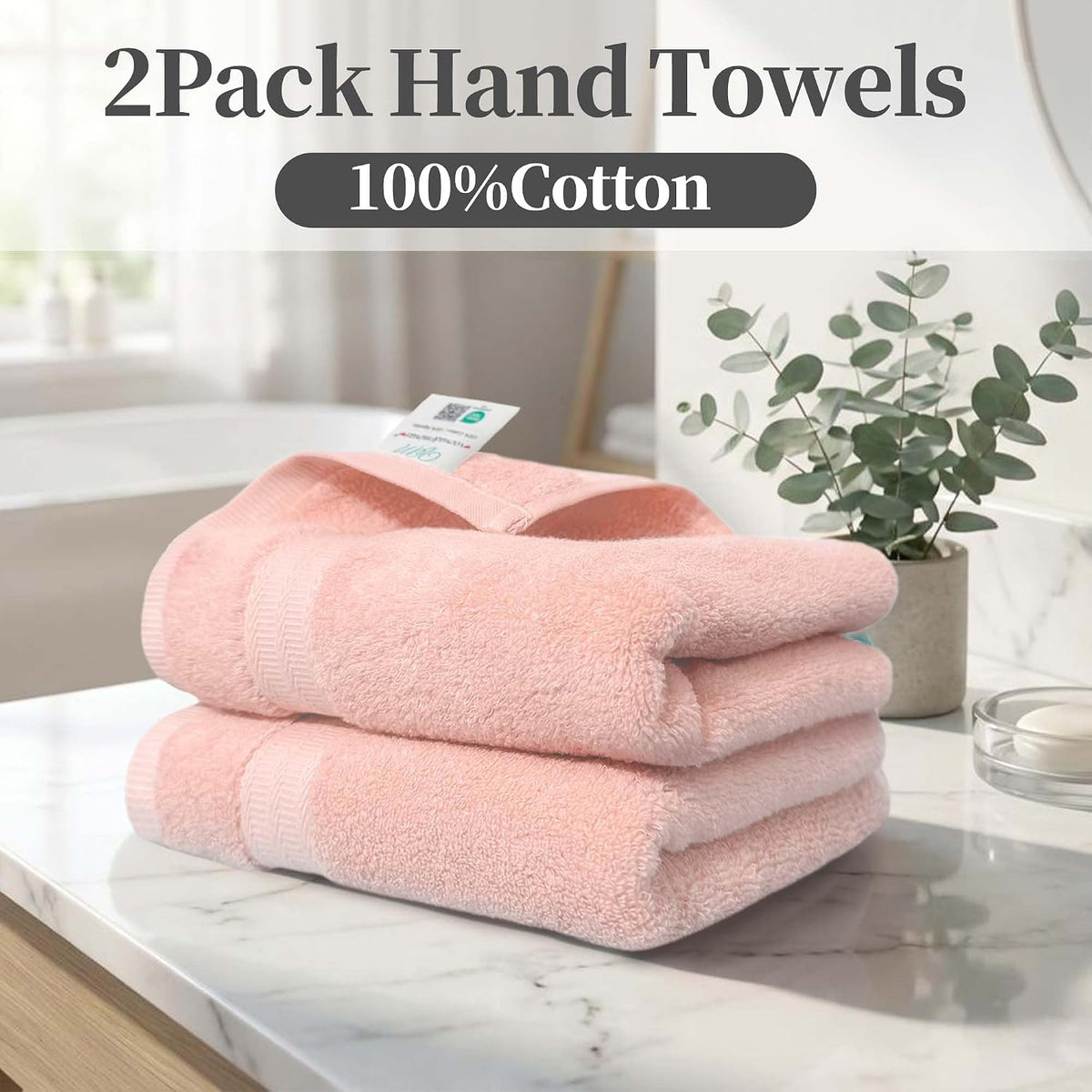 Pink Hand Towels 2 Pack, 100% Cotton, 13x29 in