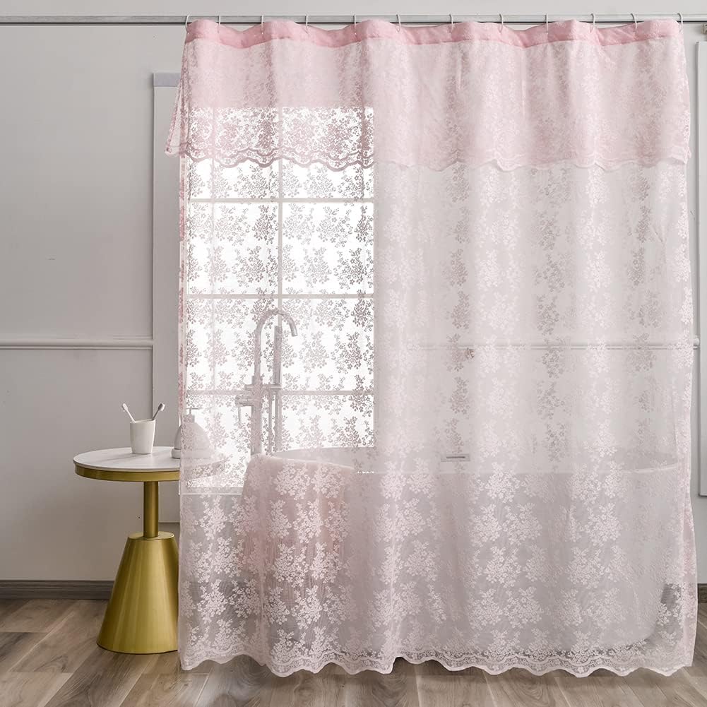 Pink Lace Shower Curtain 72x72, Cute Girly Style with Attached Valance