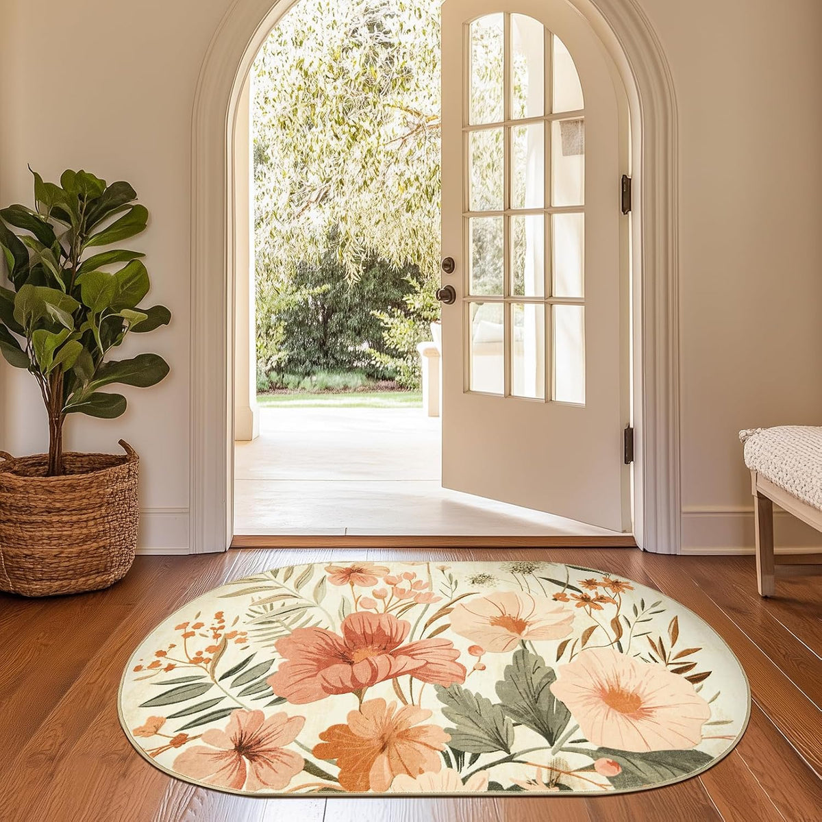 Floral Oval Area Rug, 3x5 Pink Grey, Washable Non Slip