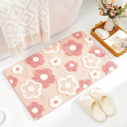 Cute Flowers Bathroom Rug Non Slip and Super Absorbent Bath Mat Machine Washable Bath Carpet Soft Microfiber Rug for Dining Room, Kitchen and Living Room (Pink Flowers, 23"x16")