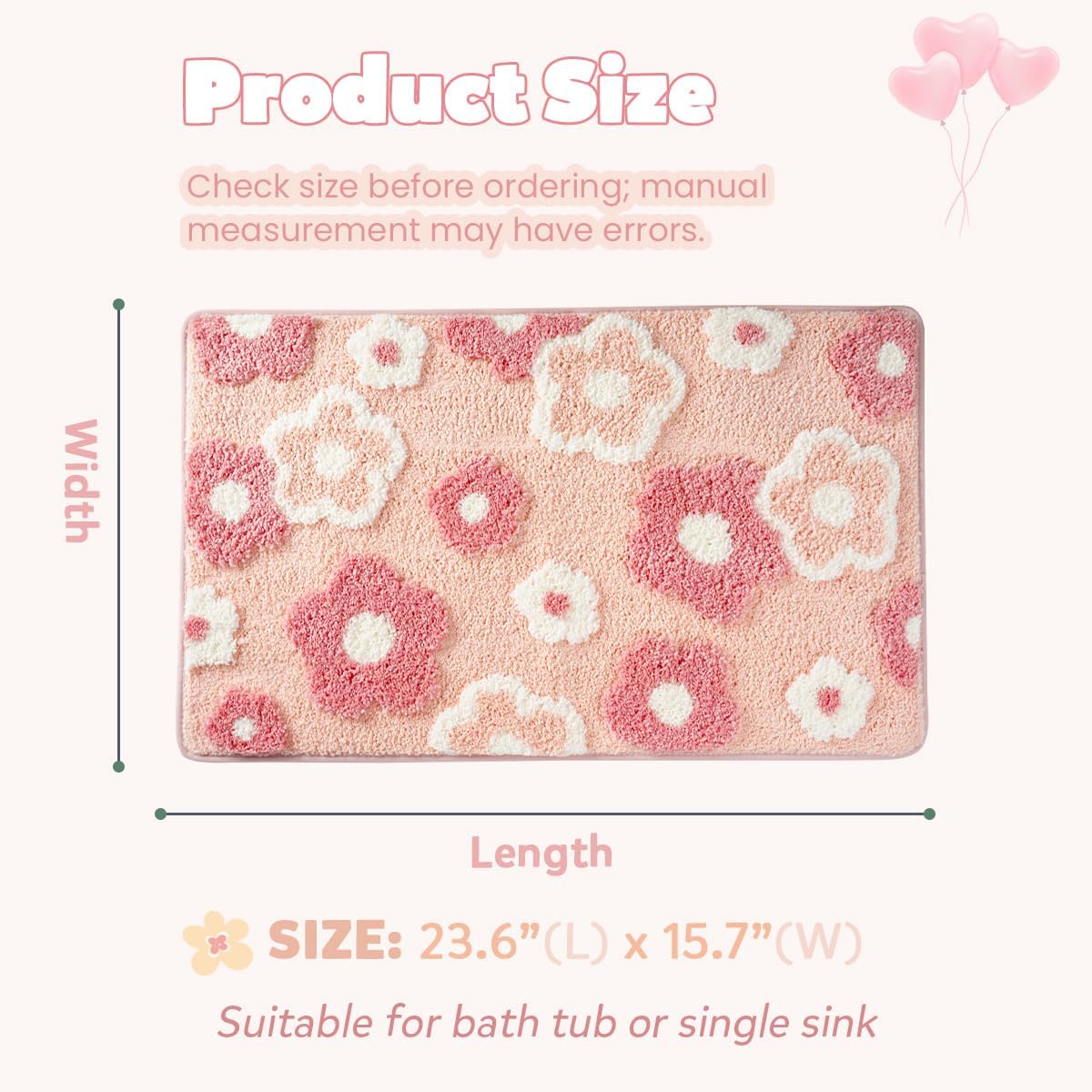 Cute Flowers Bathroom Rug Non Slip and Super Absorbent Bath Mat Machine Washable Bath Carpet Soft Microfiber Rug for Dining Room, Kitchen and Living Room (Pink Flowers, 23"x16")