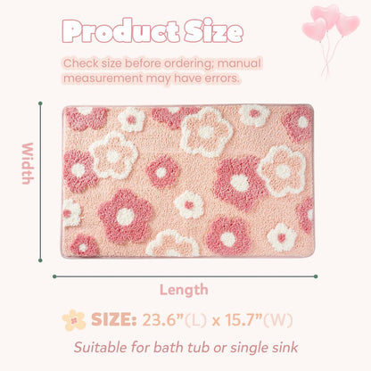 Cute Flowers Bathroom Rug Non Slip and Super Absorbent Bath Mat Machine Washable Bath Carpet Soft Microfiber Rug for Dining Room, Kitchen and Living Room (Pink Flowers, 23"x16")