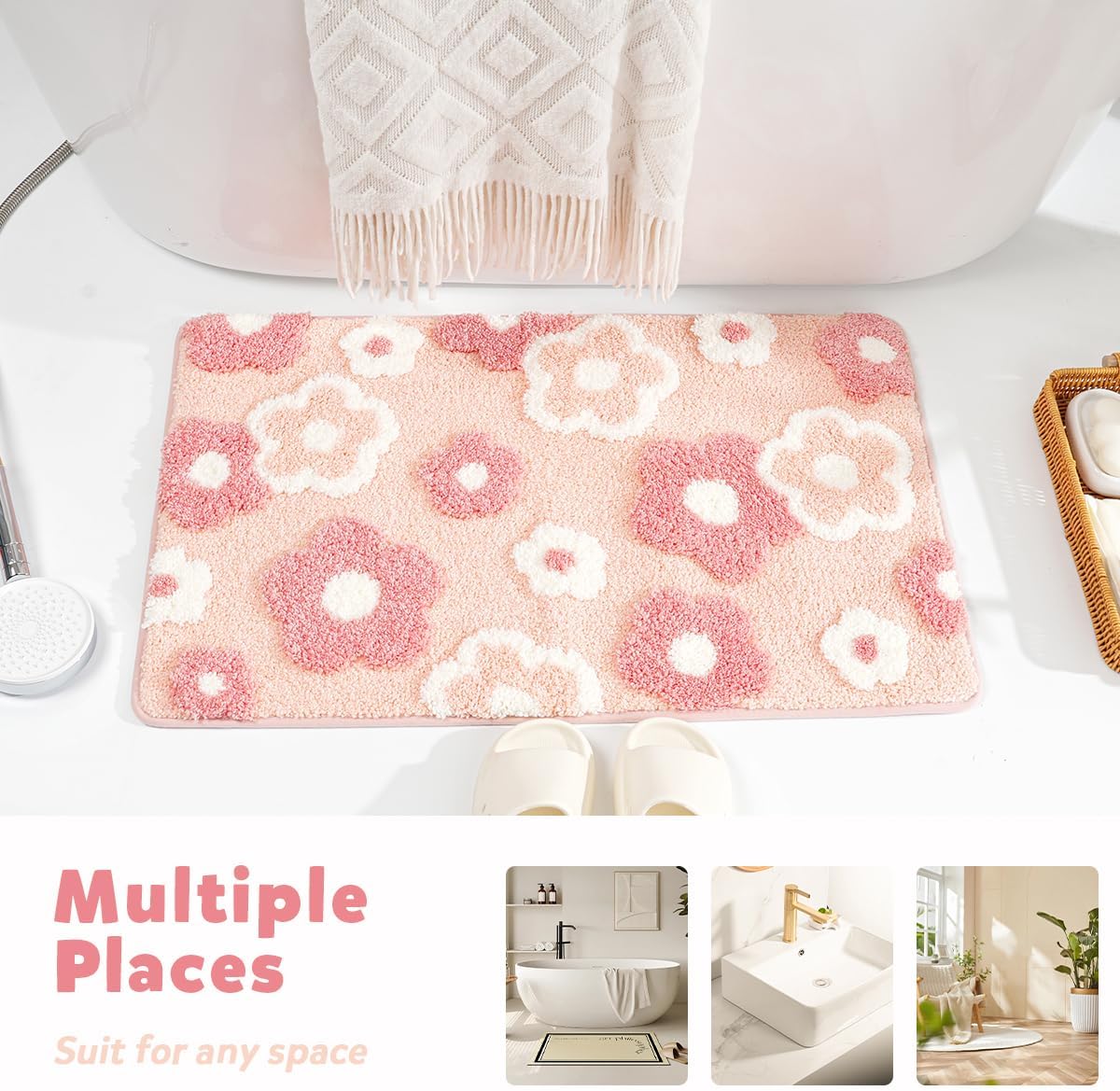 Cute Flowers Bathroom Rug Non Slip and Super Absorbent Bath Mat Machine Washable Bath Carpet Soft Microfiber Rug for Dining Room, Kitchen and Living Room (Pink Flowers, 23"x16")